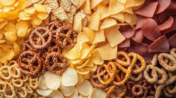 A colorful assortment of snacks featuring chips, pretzels, and crackers arranged in a vibrant display for a celebration or gathering photo