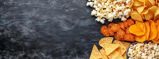 A vibrant assortment of snack foods displayed on a textured surface, perfect for movie nights or gatherings, featuring popcorn, chips, and crackers photo