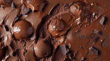 Rich chocolate sauce with scoops of creamy ice cream and chunks of dark chocolate on a textured surface photo