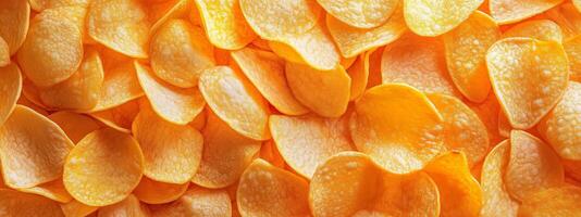 Crunchy orange potato chips spread out on a textured surface, creating a vibrant and appetizing display for snack lovers photo