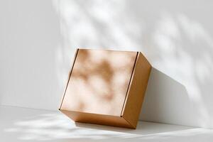 Simple brown cardboard box positioned on a white surface with soft angled shadows in natural light photo