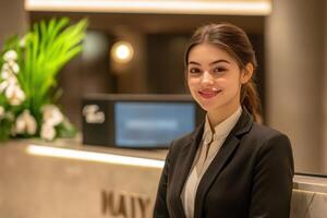 A young woman in a business suit standing in front of a hotel photo