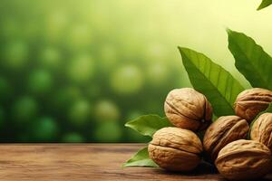 walnut with leaves with leaves close up side photo