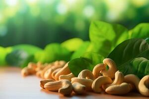 cashew nuts with leaves close up side with copy space photo