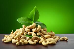 realistic cashew nuts with leaves close up side with copy space photo