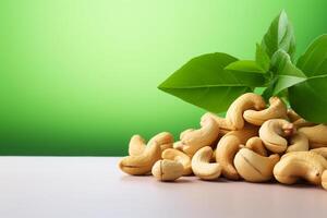 hiper realistic cashew nuts with leaves close up side photo