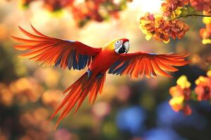 hyper realistic View of a Scarlet Macaw Flying Over a Forest beautiful background photo