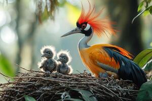 Tow Crested Cran Bird playing with family in beautiful background photo