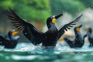 Frigatebird Bird group is swearing water in beautiful background photo