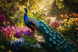 hyper realistic Majestic Peacock Displaying Feathers in beautiful background photo