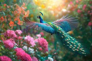 hyper realistic View of a Peacock Flying Over a Flower beautiful background photo