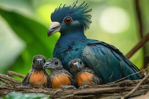Nicobar Pigeon Bird playing with family in the beautiful background photo