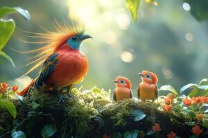 Resplendent Quetzal playing with family in the BrazL beautiful background photo
