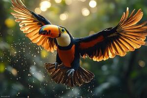 A toco toucan flew over the beautiful background photo