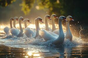 Swan group is swearing water in the beautiful background photo