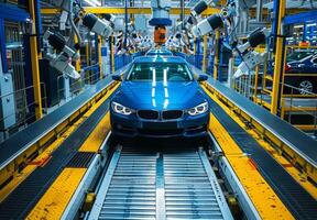 Advanced automotive assembly line featuring partially assembled cars moving on conveyor belts with robotic machinery photo