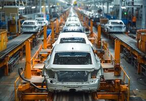 Advanced automotive assembly line featuring partially assembled cars moving on conveyor belts with robotic machinery photo