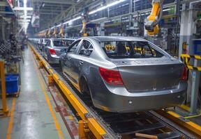 Advanced automotive assembly line featuring partially assembled cars moving on conveyor belts with robotic machinery photo