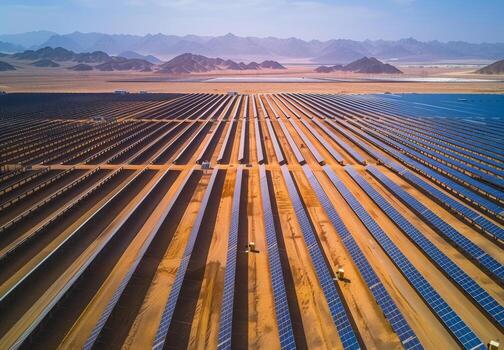 Aerial view of a sprawling solar farm with rows of panels absorbing sunlight in the desert photo