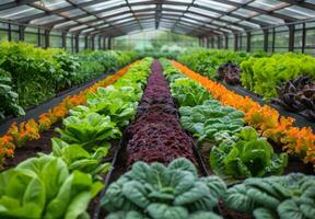 An eco-friendly greenhouse with a variety of vegetables growing in orderly rows photo