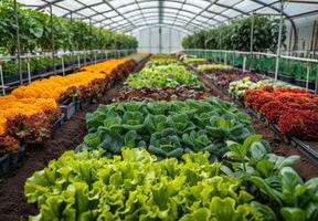 An eco-friendly greenhouse with a variety of vegetables growing in orderly rows photo