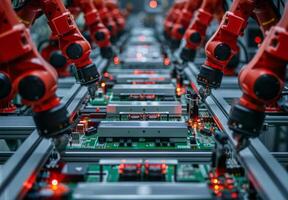 Close-up shot of a high-tech factory floor filled with automated robotic arms assembling electronic components photo