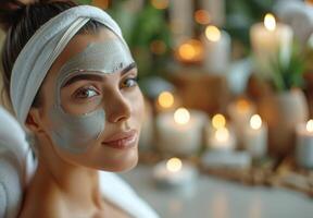 At a luxurious spa, a serene woman with a white headband applies a mud mask, surrounded by candles and calming elements photo