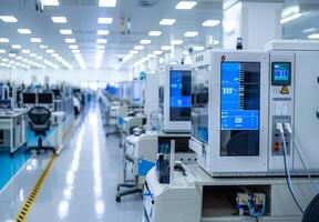 Detailed image of a semiconductor manufacturing cleanroom with sophisticated equipment and meticulously organized workstations photo