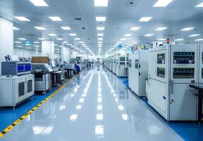 Detailed image of a semiconductor manufacturing cleanroom with sophisticated equipment and meticulously organized workstations photo