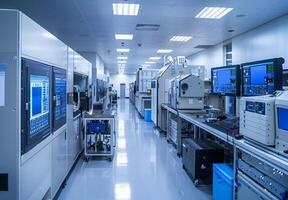 Detailed image of a semiconductor manufacturing cleanroom with sophisticated equipment and meticulously organized workstations photo