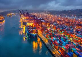Expansive shipping port at dusk, with container ships docked and cargo cranes towering over stacks of colorful containers photo