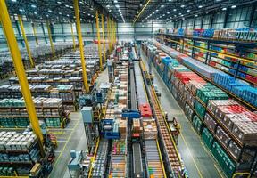 High-angle view of a bustling logistics warehouse with automated sorting systems and organized rows of packaged goods photo