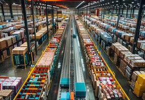 High-angle view of a bustling logistics warehouse with automated sorting systems and organized rows of packaged goods photo