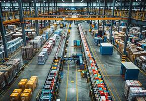 High-angle view of a bustling logistics warehouse with automated sorting systems and organized rows of packaged goods photo