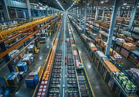 High-angle view of a bustling logistics warehouse with automated sorting systems and organized rows of packaged goods photo