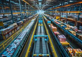 High-angle view of a bustling logistics warehouse with automated sorting systems and organized rows of packaged goods photo