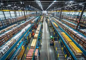 High-angle view of a bustling logistics warehouse with automated sorting systems and organized rows of packaged goods photo