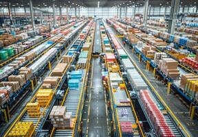 High-angle view of a bustling logistics warehouse with automated sorting systems and organized rows of packaged goods photo