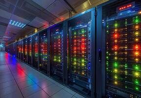 Interior of a cutting-edge data center with rows of servers and blinking lights, emphasizing advanced technology photo