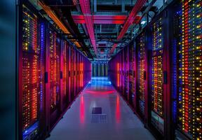 Interior of a cutting-edge data center with rows of servers and blinking lights, emphasizing advanced technology photo