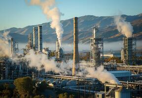 Large-scale industrial plant with towering chimneys and pipelines stretching across the landscape, emitting vapor photo