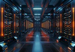 Interior of a cutting-edge data center with rows of servers and blinking lights, emphasizing advanced technology photo