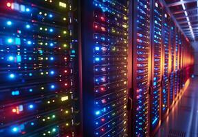 Interior of a cutting-edge data center with rows of servers and blinking lights, emphasizing advanced technology photo