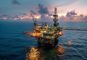 Panoramic view of an offshore oil rig illuminated by the setting sun, surrounded by the vast expanse of the ocean photo