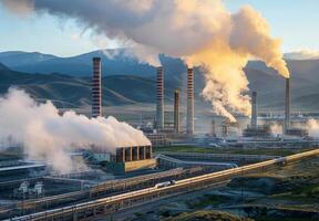 Large-scale industrial plant with towering chimneys and pipelines stretching across the landscape, emitting vapor photo