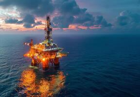 Panoramic view of an offshore oil rig illuminated by the setting sun, surrounded by the vast expanse of the ocean photo