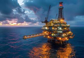 Panoramic view of an offshore oil rig illuminated by the setting sun, surrounded by the vast expanse of the ocean photo
