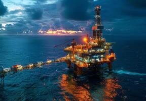 Panoramic view of an offshore oil rig illuminated by the setting sun, surrounded by the vast expanse of the ocean photo