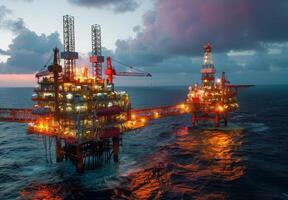 Panoramic view of an offshore oil rig illuminated by the setting sun, surrounded by the vast expanse of the ocean photo