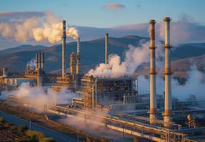 Large-scale industrial plant with towering chimneys and pipelines stretching across the landscape, emitting vapor photo